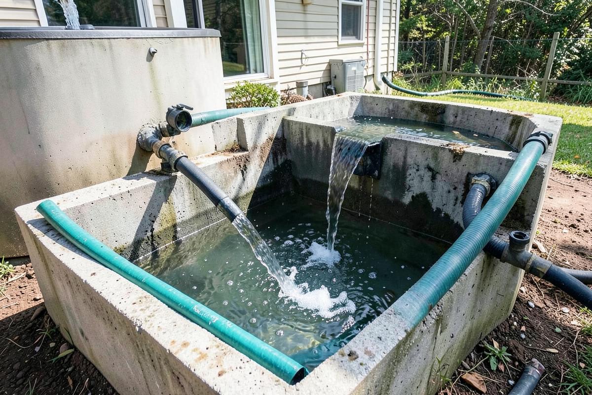Cisterna de concreto recebendo água potável por mangueira
