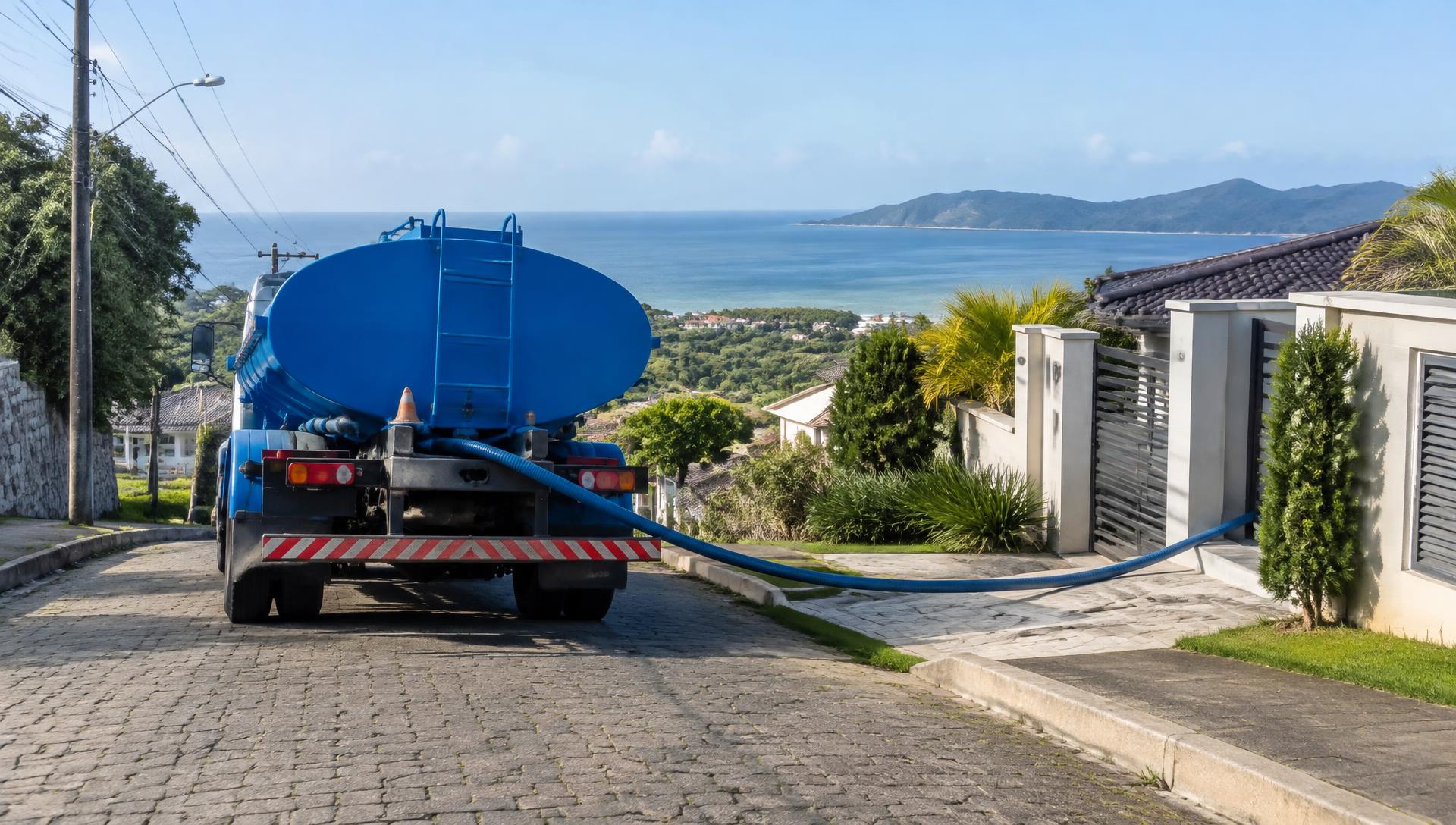 Caminhão tanque azul abastecendo um imóvel em rua litorânea de Florianópolis